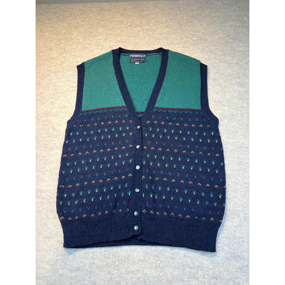 Personal II Vintage Sweater Vest Navy Green Fair Isle Knit Button Front XL